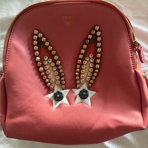 MCM Pink Crystal Bunny-Ear Backpack Pouch with Star Accents